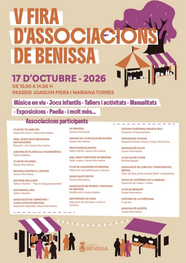 Imagen: Cartel de la V Fira d'Associacions de Benissa con texto informativo sobre fecha, horario, ubicación y listado de asociaciones.