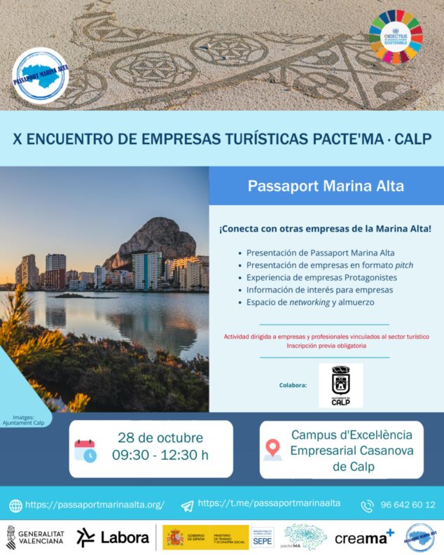 Imagen: Cartel del X Encuentro de Empresas Turísticas PACTE'MA en Calp con fecha, hora y lugar.
