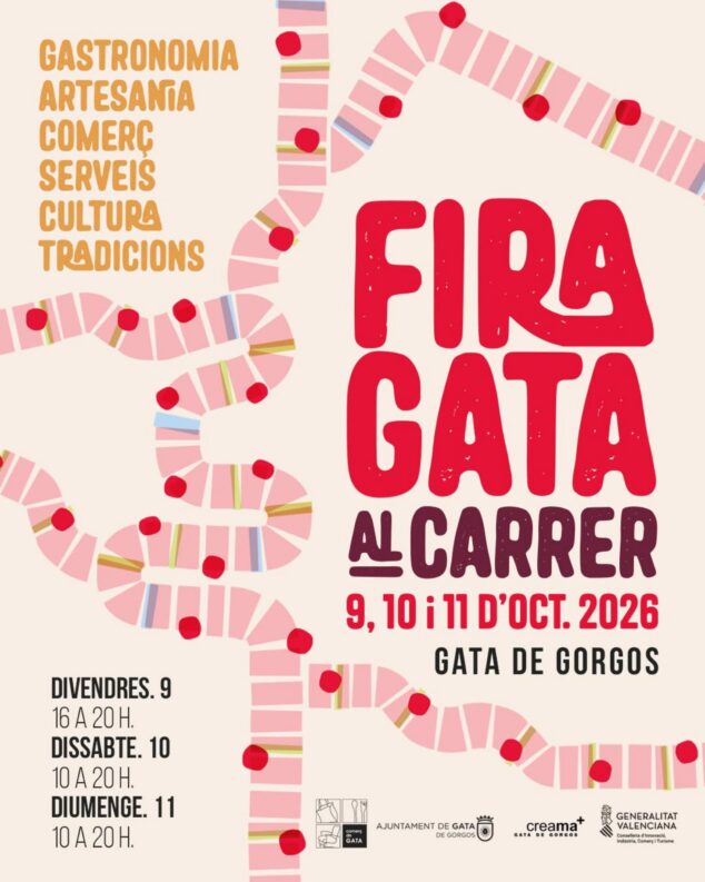 Imagen: Cartel de la XXI Fira Gata al Carrer 2026 en Gata de Gorgos, del 9 al 11 de octubre, con horarios y actividades como gastronomía, artesanía y comercio.