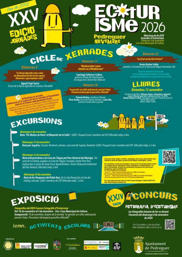 Pedreguer celebra 25 años de ecoturismo con un mes de charlas, rutas y actividades 1 Imagen: Cartel informativo de las XXV Jornadas de Ecoturisme de Pedreguer con programa de actividades y fechas.