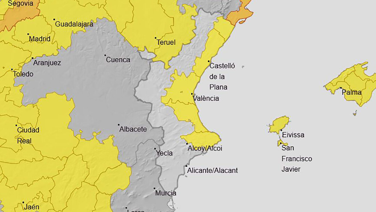 Mapa de avisos activos de la AEMET el sábado 3 de octubre 2026 en la Comunitat Valenciana