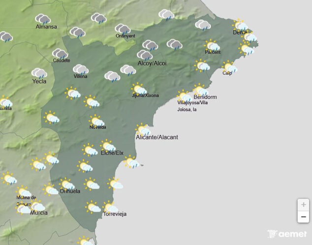 Cambio importante en la previsión: AEMET activa otro aviso naranja este sábado en la Marina Alta 4 Imagen: Mapa de predicción de la AEMET en Alicante para el domingo 4 de cotubre entre las 12.00 horas y las 18.00 horas