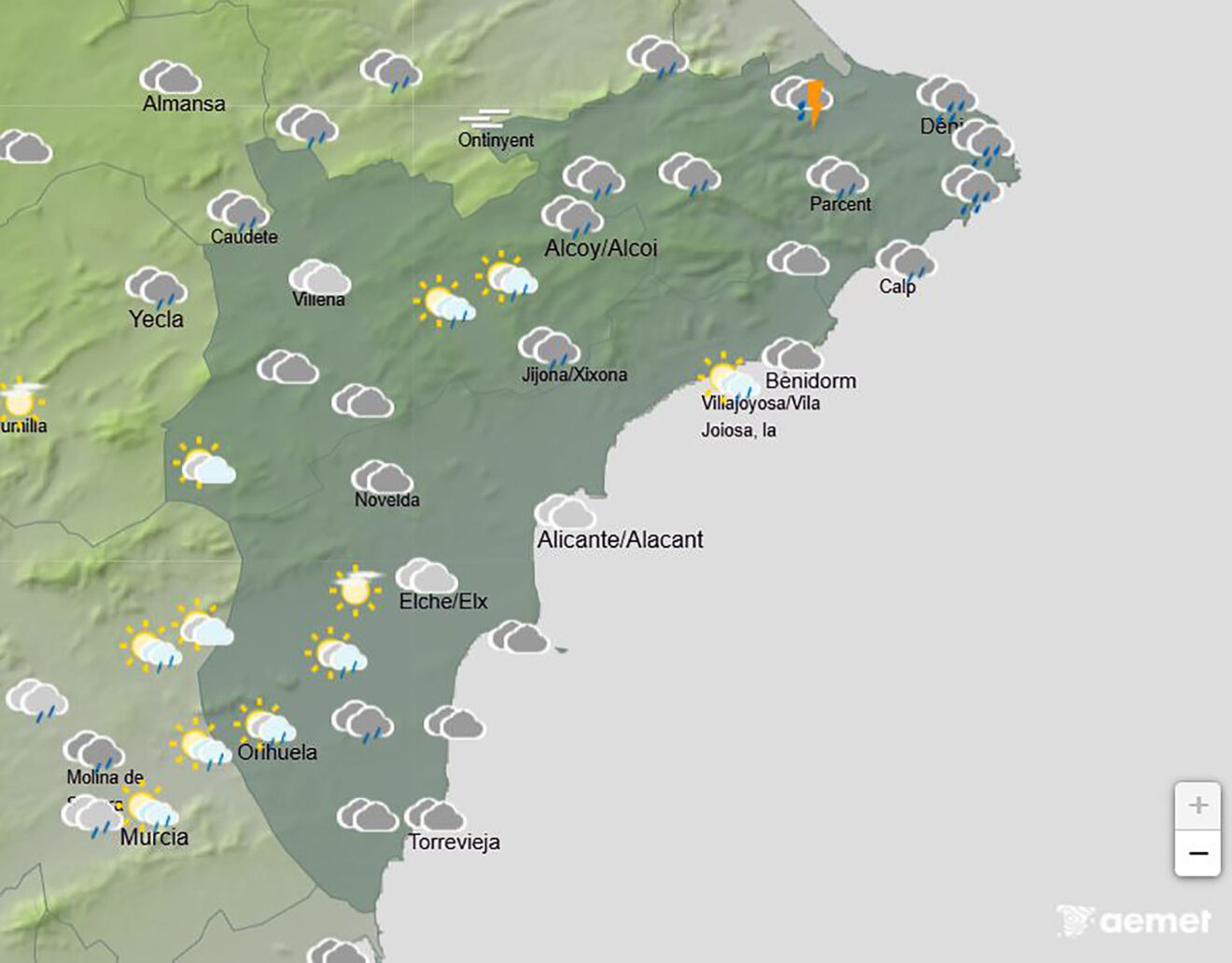 Mapa de predicción de la AEMET en Alicante para el sábado 3 de cotubre a las 12.00 horas
