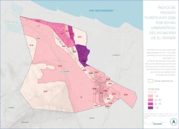 Mapa temático que muestra el índice de presión turística en El Verger por zonas.