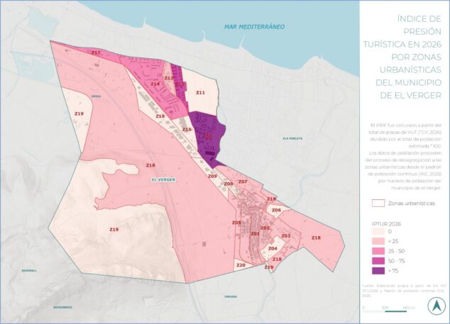 Imagen: Mapa temático que muestra el índice de presión turística en El Verger por zonas.
