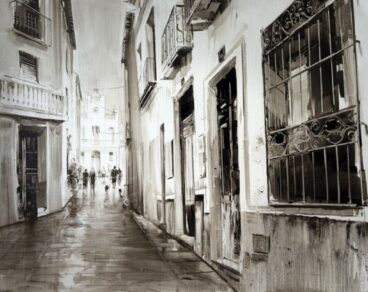 Las obras y artistas ganadores del XI Concurso de Pintura al Aire Libre de Calp 3 Pintura en blanco y negro de una calle estrecha del casco antiguo de Calp con figuras humanas.