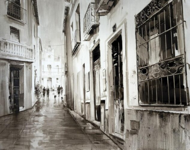 Imagen: Pintura en blanco y negro de una calle estrecha del casco antiguo de Calp con figuras humanas.